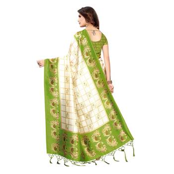 Light green printed art silk saree with blouse 4