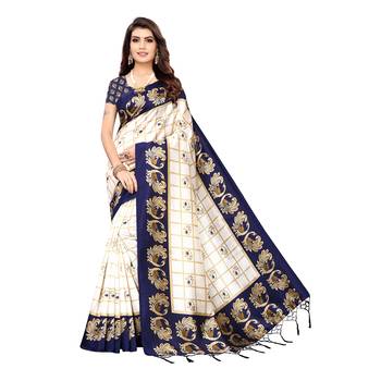 Dark blue printed art silk saree with blouse 1