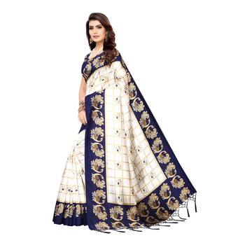 Dark blue printed art silk saree with blouse 2