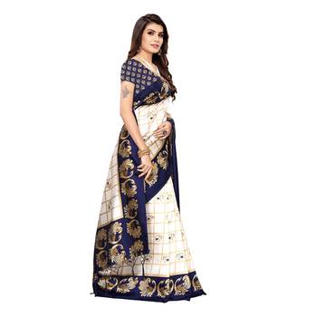 Dark blue printed art silk saree with blouse 3