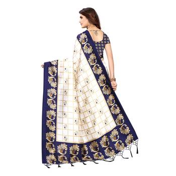Dark blue printed art silk saree with blouse 4