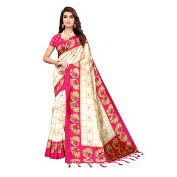 Pink printed art silk saree with blouse 1