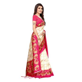 Pink printed art silk saree with blouse 3
