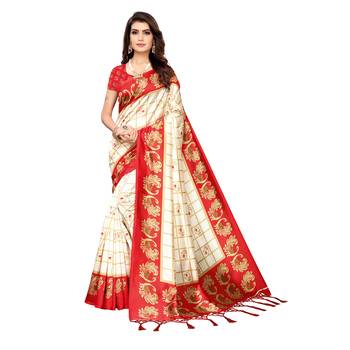 Red printed art silk saree with blouse 1