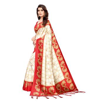 Red printed art silk saree with blouse 2