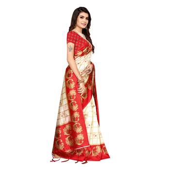 Red printed art silk saree with blouse 3