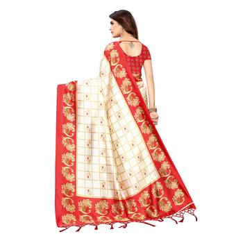 Red printed art silk saree with blouse 4