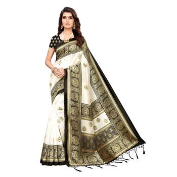 Black printed art silk saree with blouse 1