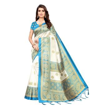 Blue printed art silk saree with blouse 1