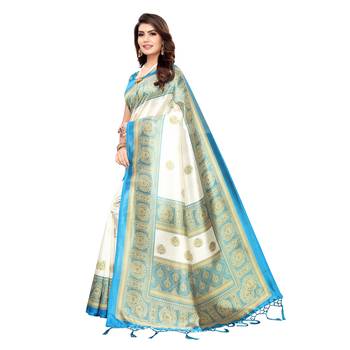 Blue printed art silk saree with blouse 2