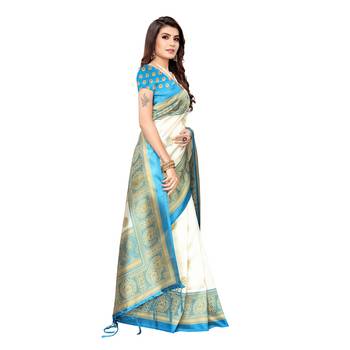 Blue printed art silk saree with blouse 3