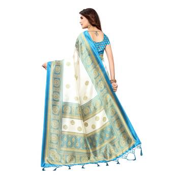 Blue printed art silk saree with blouse 4