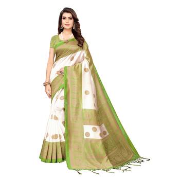 Green printed art silk saree with blouse 1