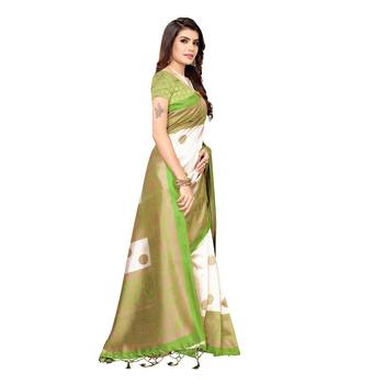 Green printed art silk saree with blouse 3