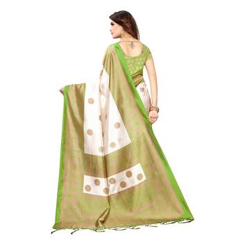 Green printed art silk saree with blouse 4
