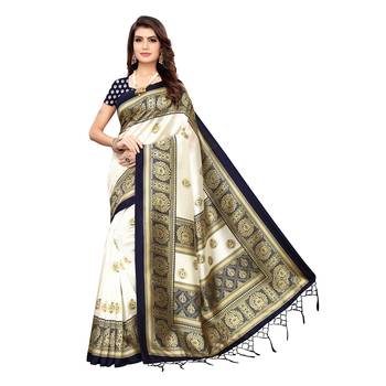 Dark blue printed art silk saree with blouse 1