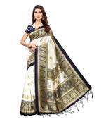 Dark blue printed art silk saree with blouse