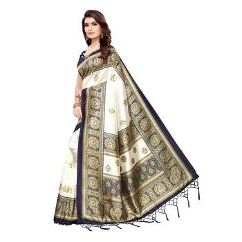 Dark blue printed art silk saree with blouse 2