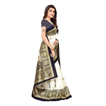 Dark blue printed art silk saree with blouse 3