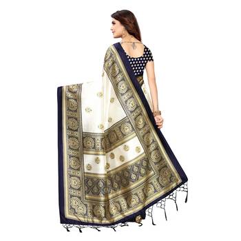 Dark blue printed art silk saree with blouse 4
