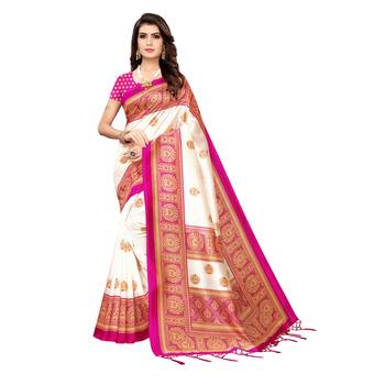 Pink printed art silk saree with blouse 1