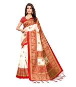 Red printed art silk saree with blouse