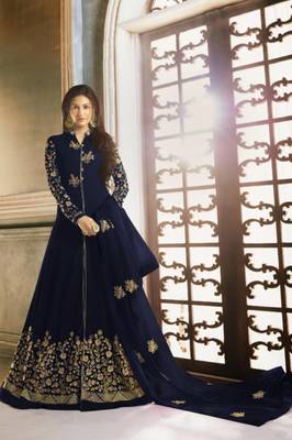 Navy Blue Faux Georgette Anarkali Salwar Kameez Semi Stitched 1