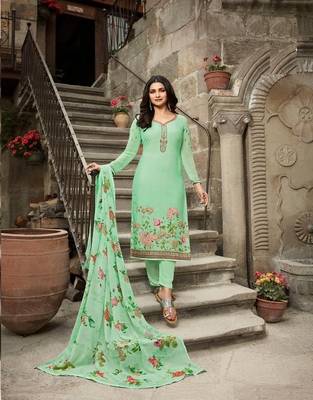 Light Sea Green Embroidered France Crepe Salwar Semi Stitched 3