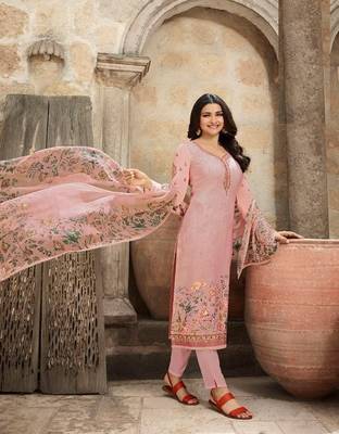Peach Embroidered France Crepe Salwar Semi Stitched 1