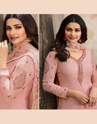 Peach Embroidered France Crepe Salwar Semi Stitched 2