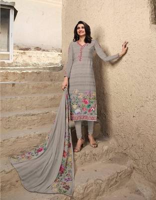 Light Gray Embroidered France Crepe Salwar Semi Stitched 3