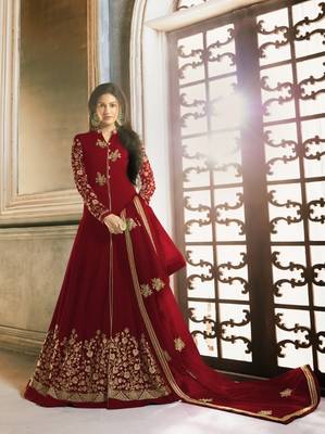 Maroon Embroidered Georgette Anarkali Semi Stitched 1