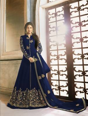 Blue Embroidered Faux Georgette Salwar Semi Stitched 1
