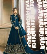 Dark Sky Blue Embroidered Faux Georgette Salwar Semi Stitched
