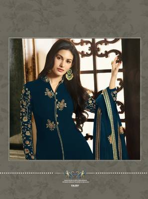 Dark Sky Blue Embroidered Faux Georgette Salwar Semi Stitched 2