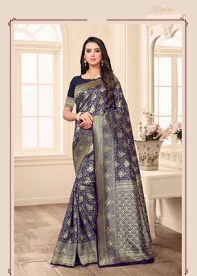 Blue embroidered banarasi silk saree with blouse 1