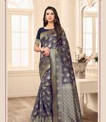 Blue embroidered banarasi silk saree with blouse