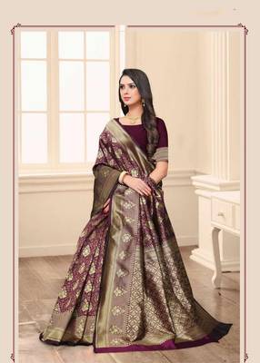 Purple embroidered banarasi silk saree with blouse 1