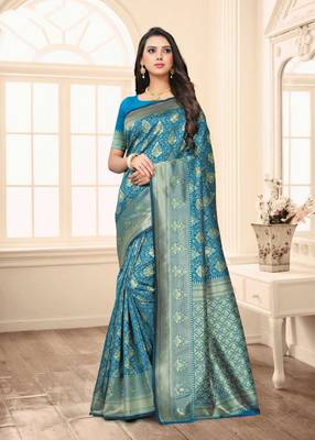 Blue embroidered banarasi silk saree with blouse 1