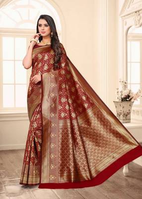 Red embroidered banarasi silk saree with blouse 1