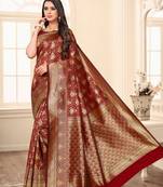 Red embroidered banarasi silk saree with blouse