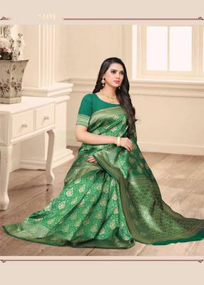 Green embroidered banarasi silk saree with blouse 1