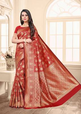 Red embroidered banarasi silk saree with blouse 1