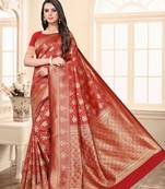 Red embroidered banarasi silk saree with blouse