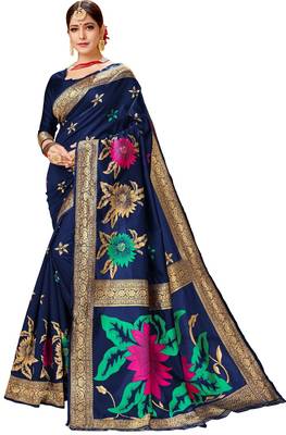 Navy blue woven art silk saree with blouse 1
