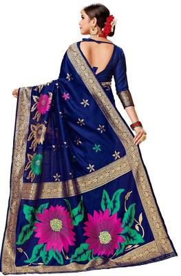 Navy blue woven art silk saree with blouse 2