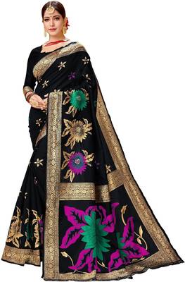 Black woven art silk saree with blouse 1
