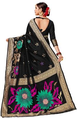 Black woven art silk saree with blouse 2