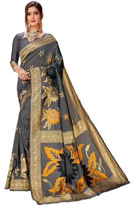Grey woven art silk saree with blouse 1