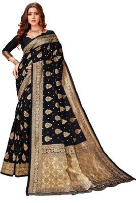 Black woven art silk saree with blouse 1